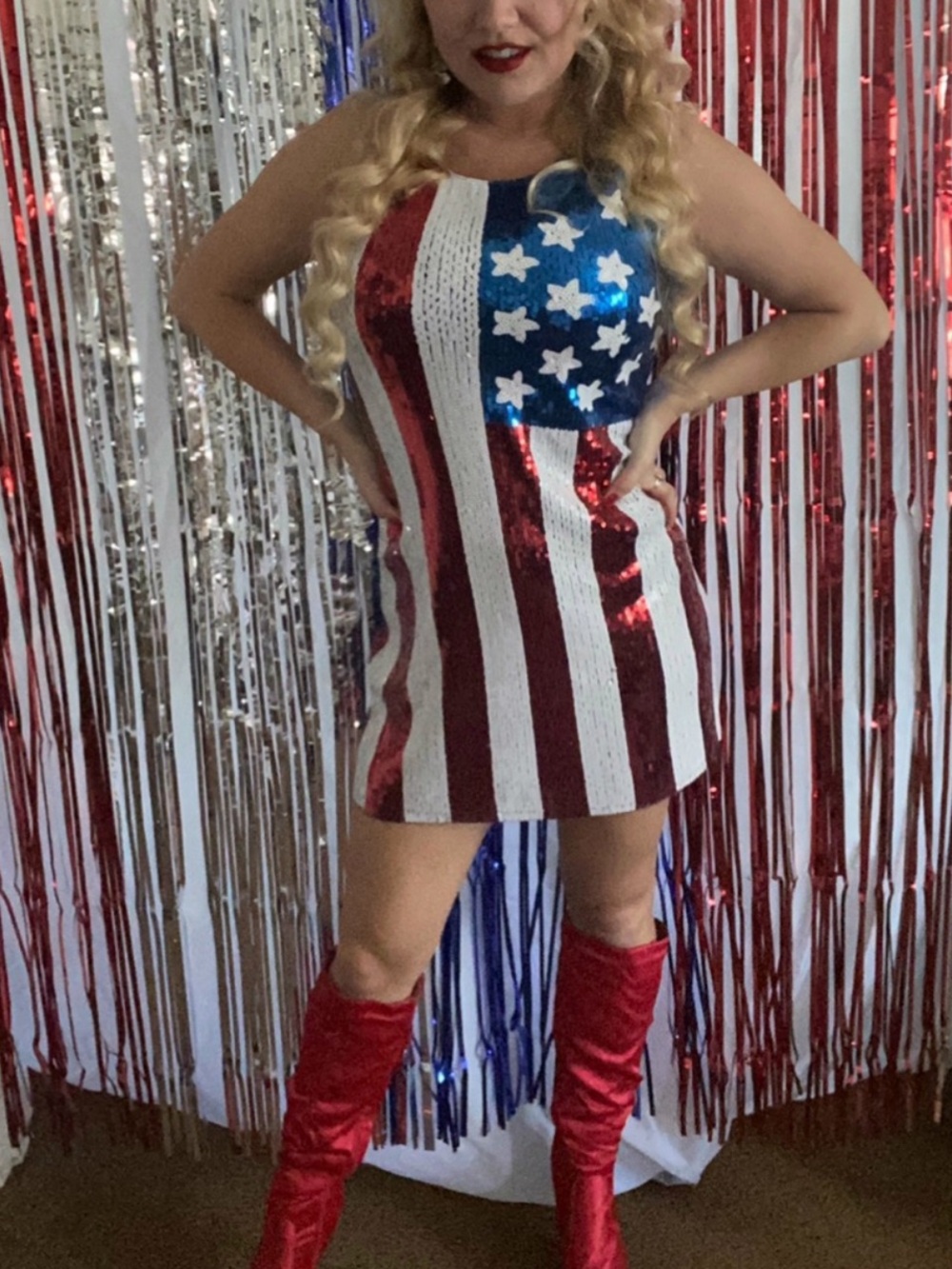 Patriotic Sequin Flag Mini Dress - Red, White & Blue
